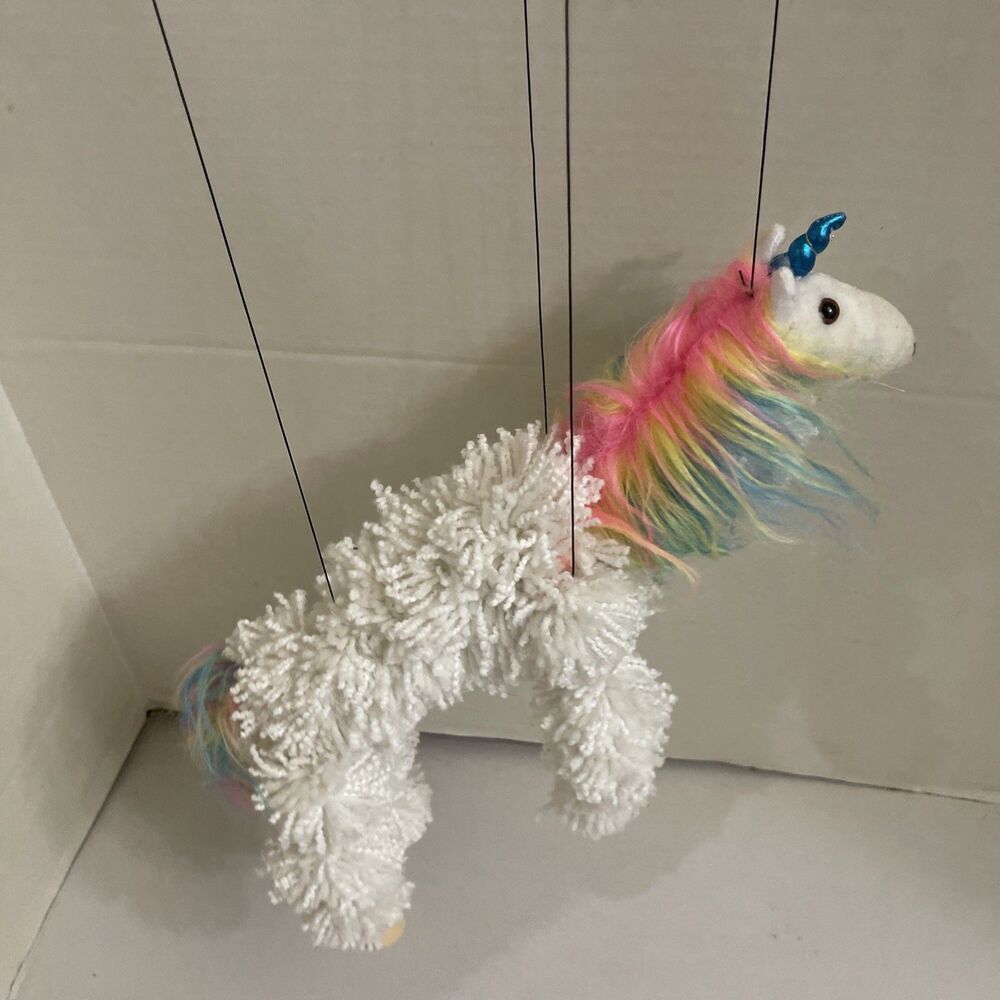 Fairyland Unicorn Marionette White Yarn Artisanal Stringed Puppet Walking